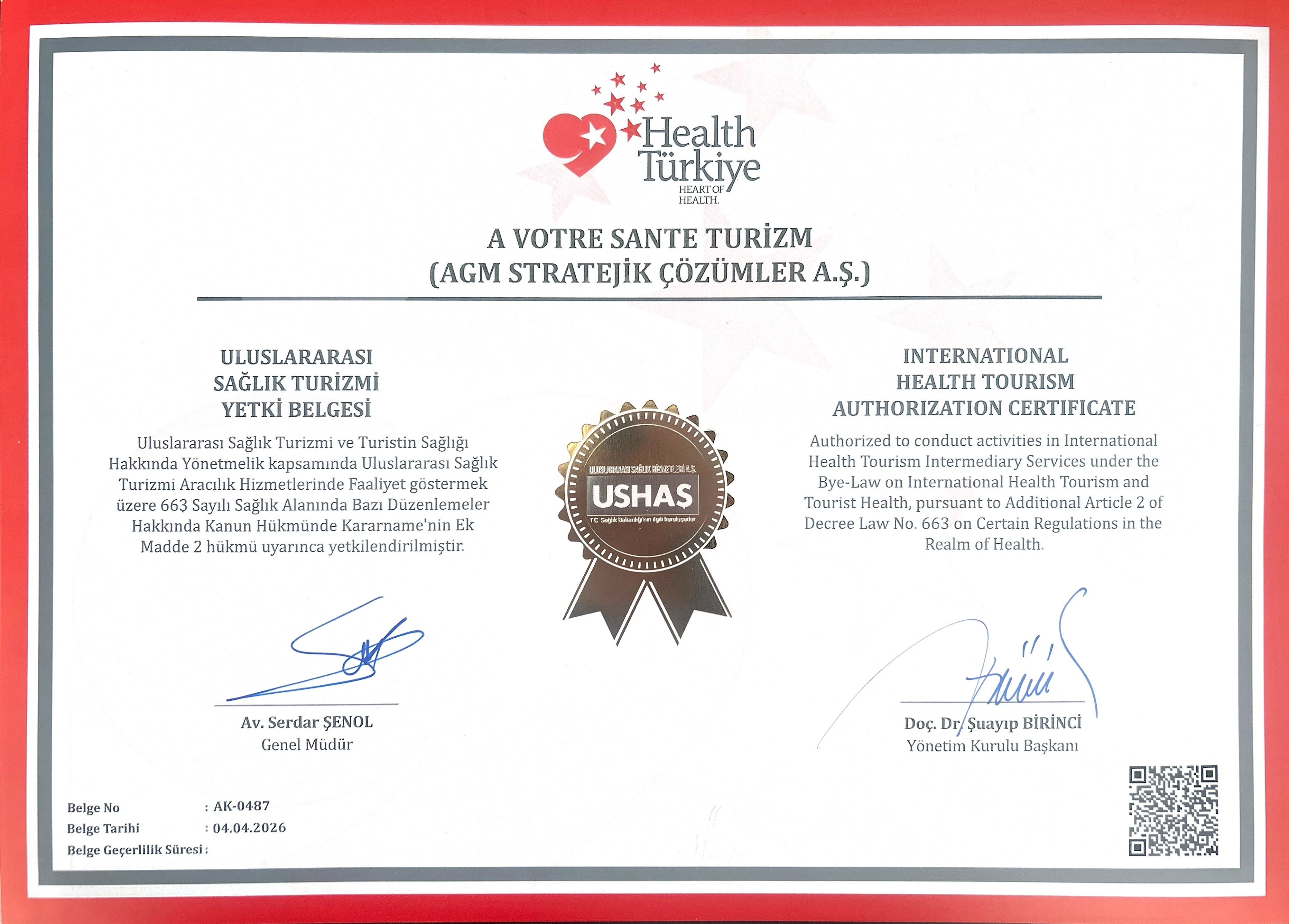 International Health Tourism Authorization Certificate